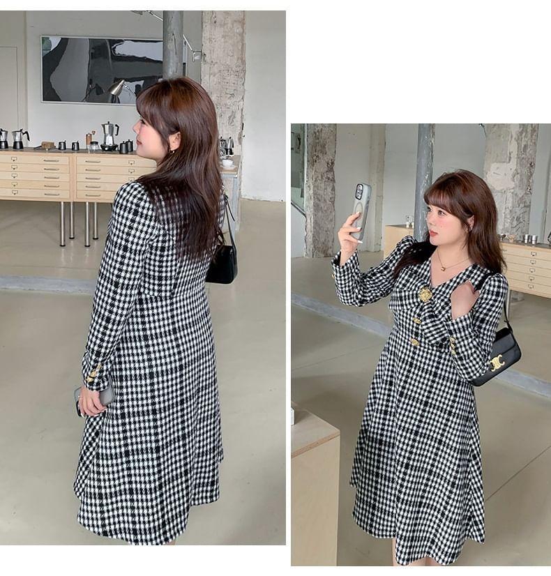 Plus Size Long-Sleeve V-Neck Plaid Bow Midi A-Line Dress Product Image