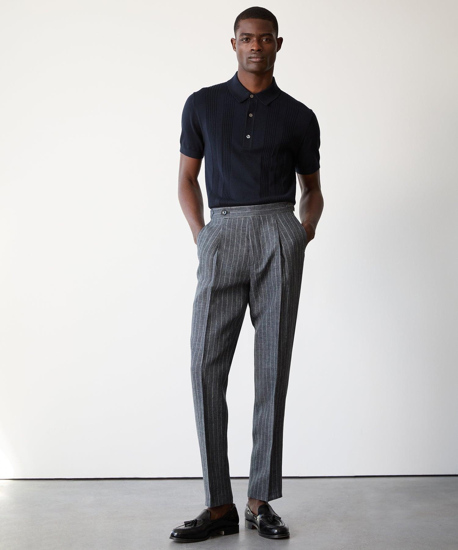 Italian Linen Side Tab Trouser in Charcoal Pinstripe Product Image