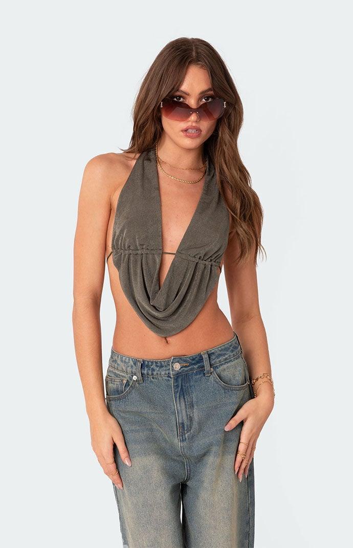 Edikted Womens Scoop Neck Open-Back Crop Top - Greenarge Product Image