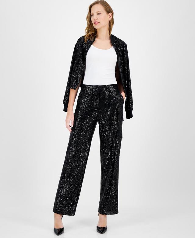 Anne Klein Womens Sequin High Rise Cargo Pants Product Image