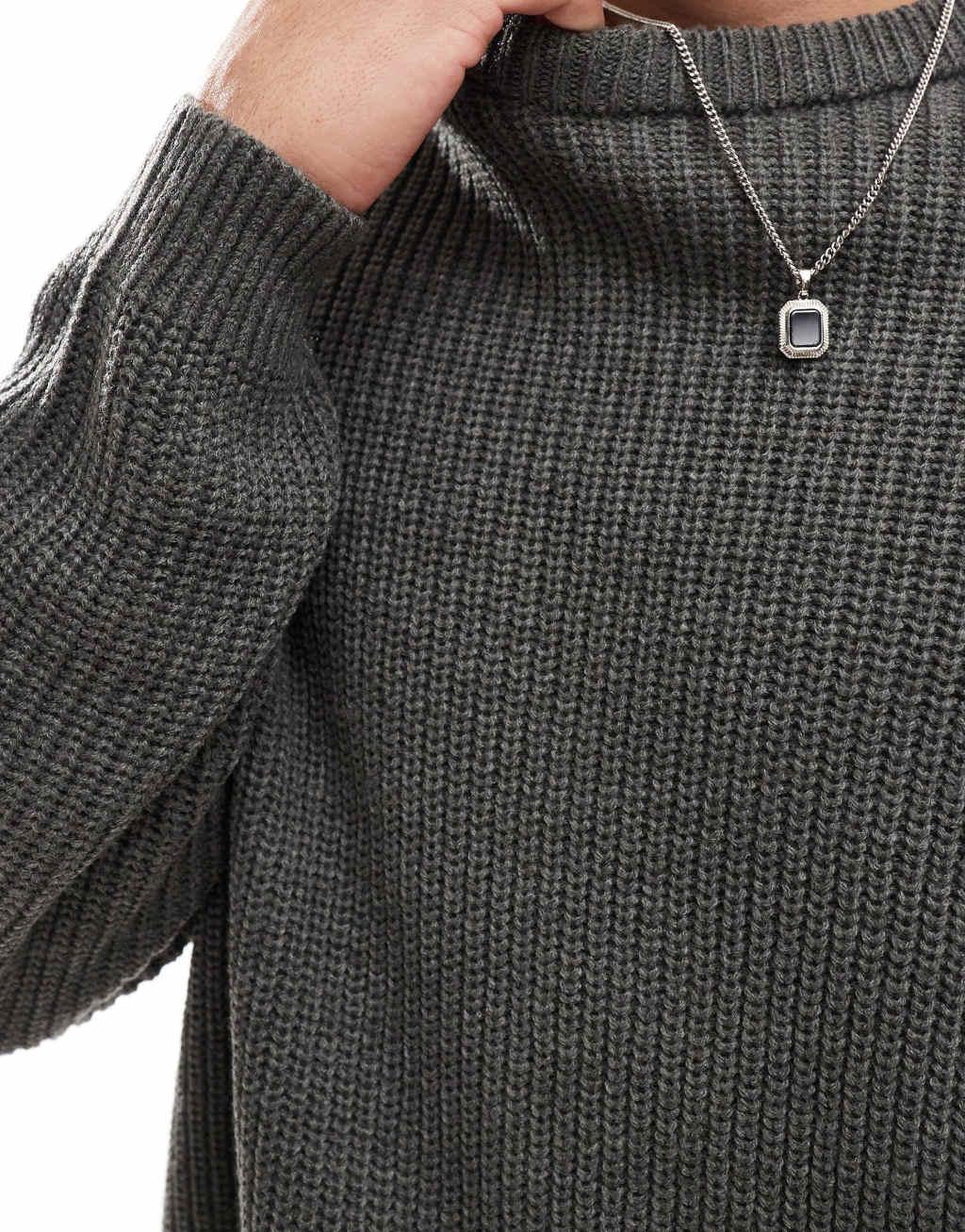 ASOS DESIGN oversized knitted fisherman rib sweater in charcoal heather Product Image