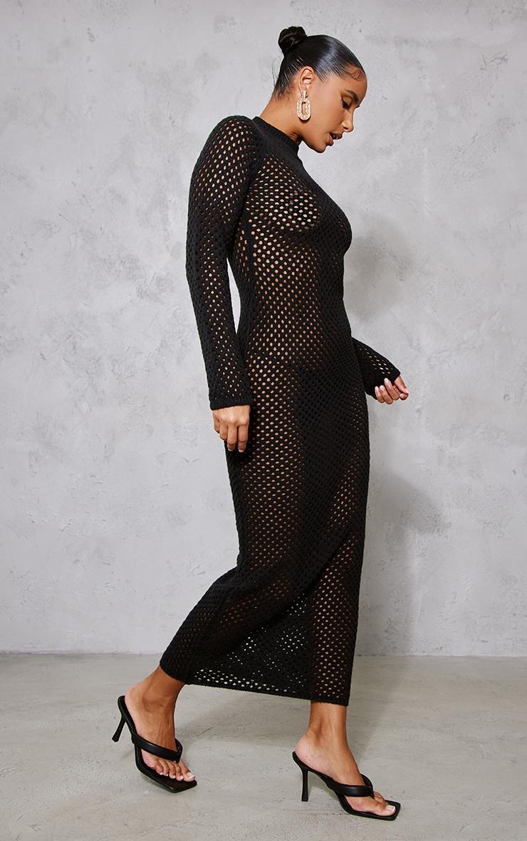 Black Open Knit Long Sleeve Midaxi Dress Product Image