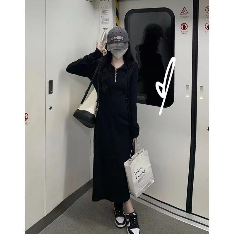 Plain Half-Zip Midi A-Line Hoodie Dress Product Image