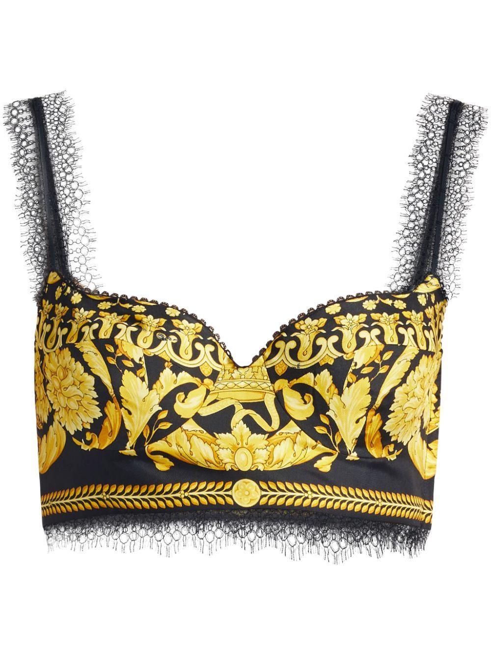 VERSACE Baroque-print Lace-trimmed Silk-twill Top In Black Gold Product Image