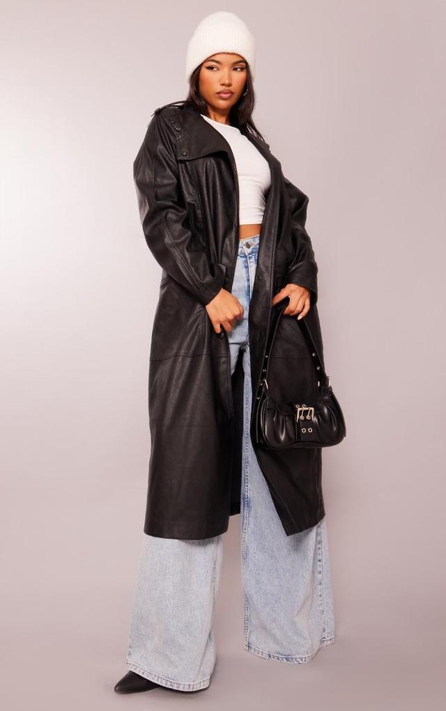 Black Faux Leather Biker Detail Midi Coat Product Image