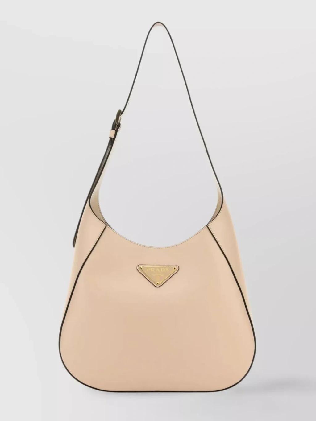 Curved Leather Shoulder Bag In Beige Product Image