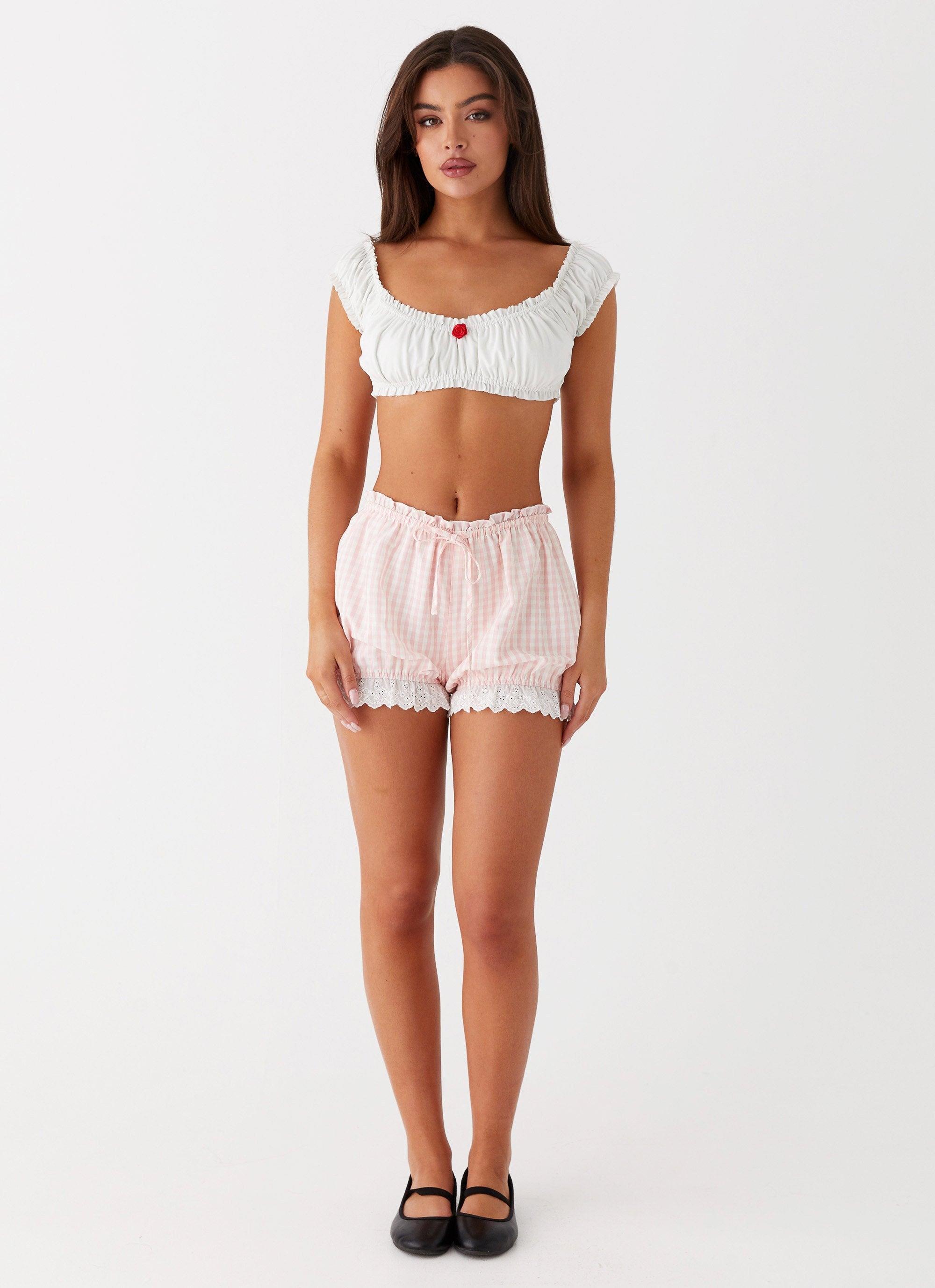 Weston Lace Trim Shorts - Pink Gingham Product Image