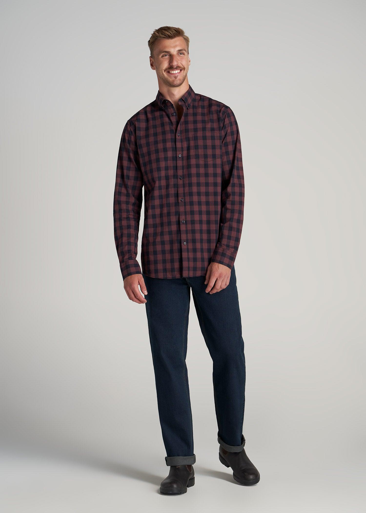 Soft-Wash Button-Up Shirt for Tall Men in Navy & Maroon Check Male Product Image