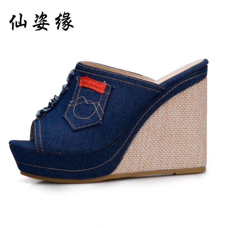 Peep-Toe Wedge-Heel Denim Slide Sandals Product Image