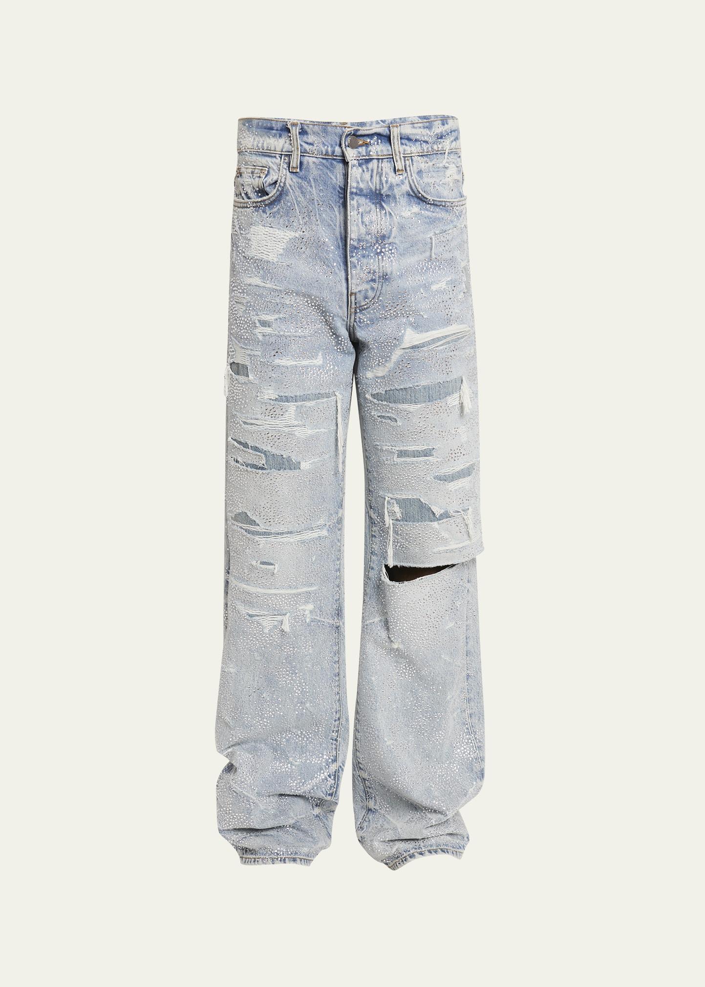 Mens Crystal-Embellished Repaired Baggy Jeans Product Image