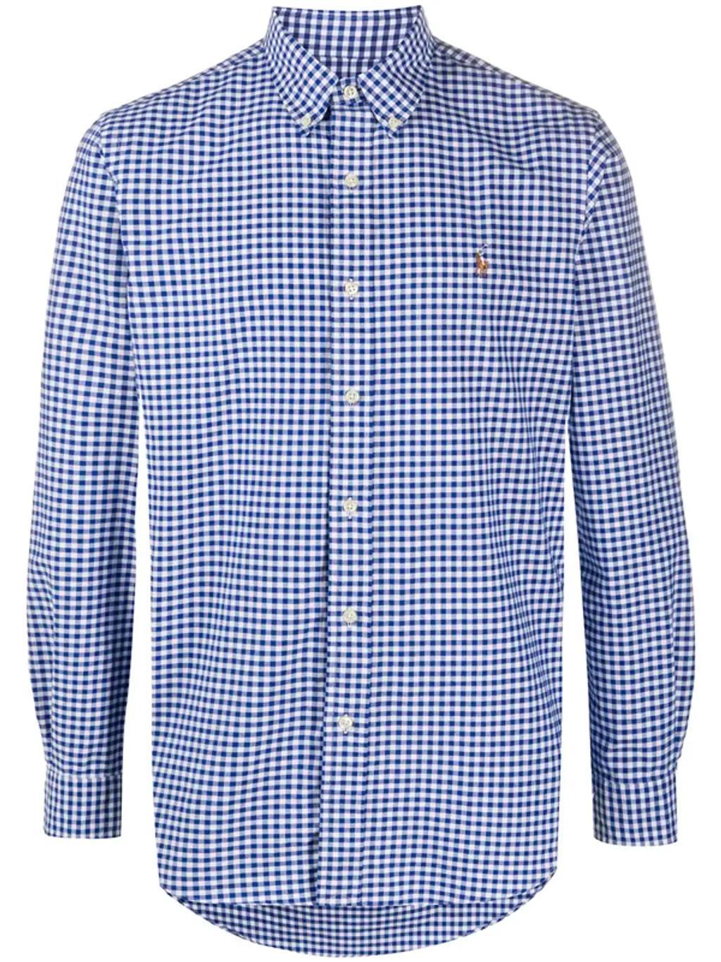 Classic Fit Long Sleeve Gingham Checked Button Down Shirt In Blue Product Image