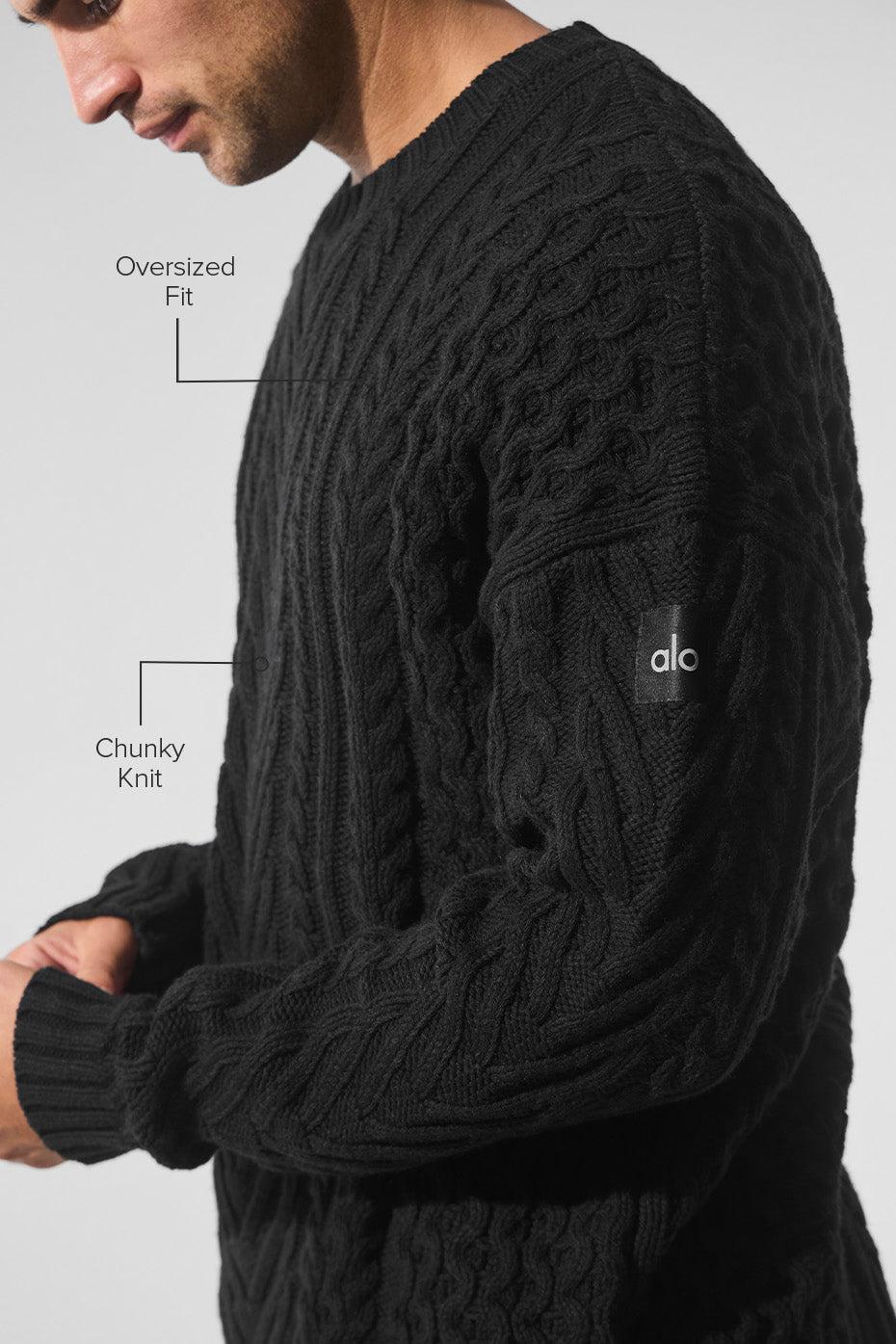 Cable Knit Crew Neck Sweater - Black Product Image