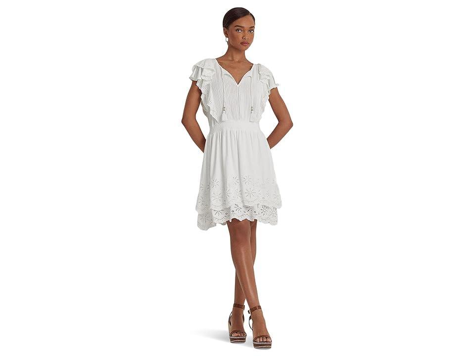 Lauren Ralph Lauren Petite Eyelet-Embroidered Jersey Tie Neck Dress Women's Clothing Product Image