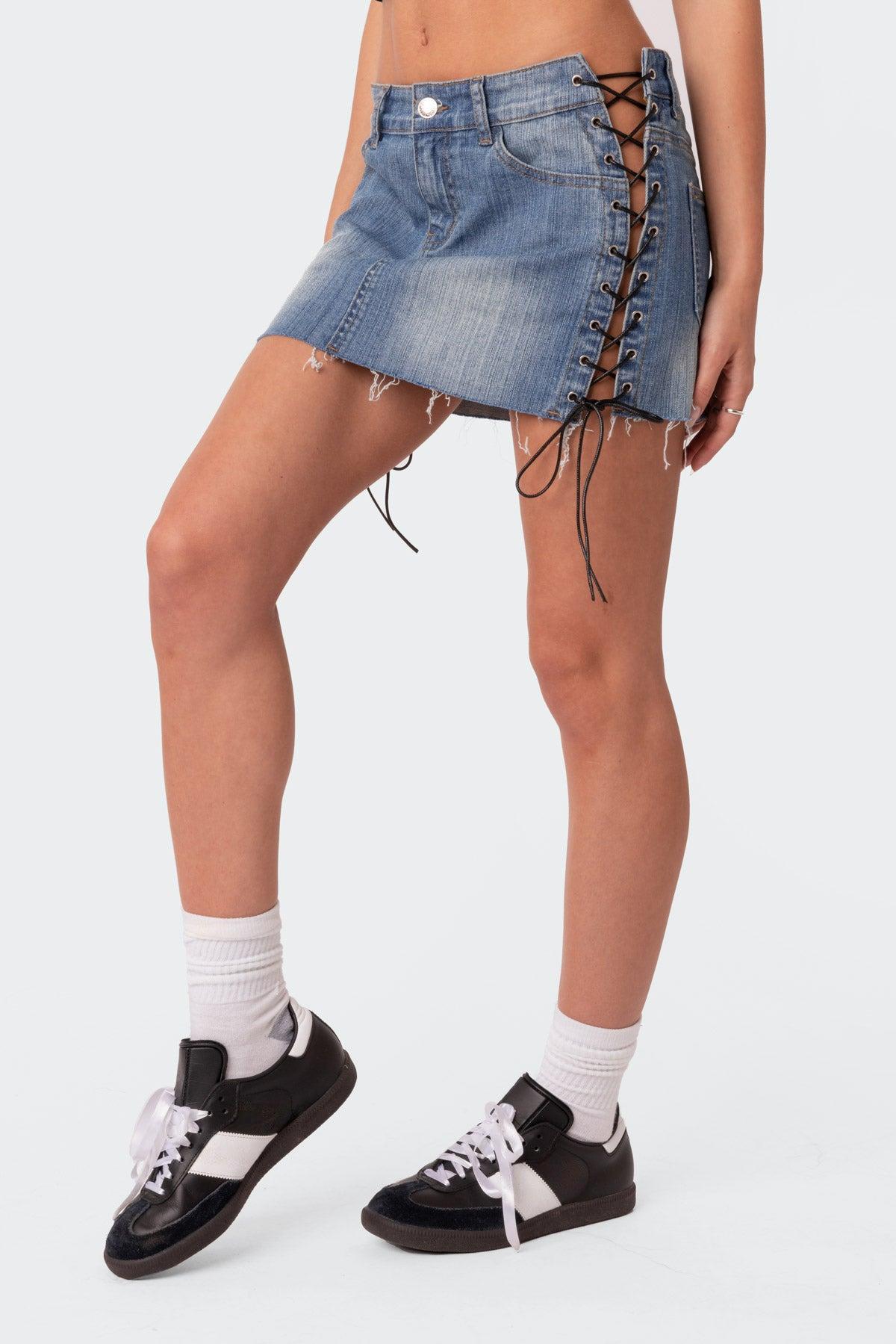 Side Lace Up Denim Mini Skirt Product Image