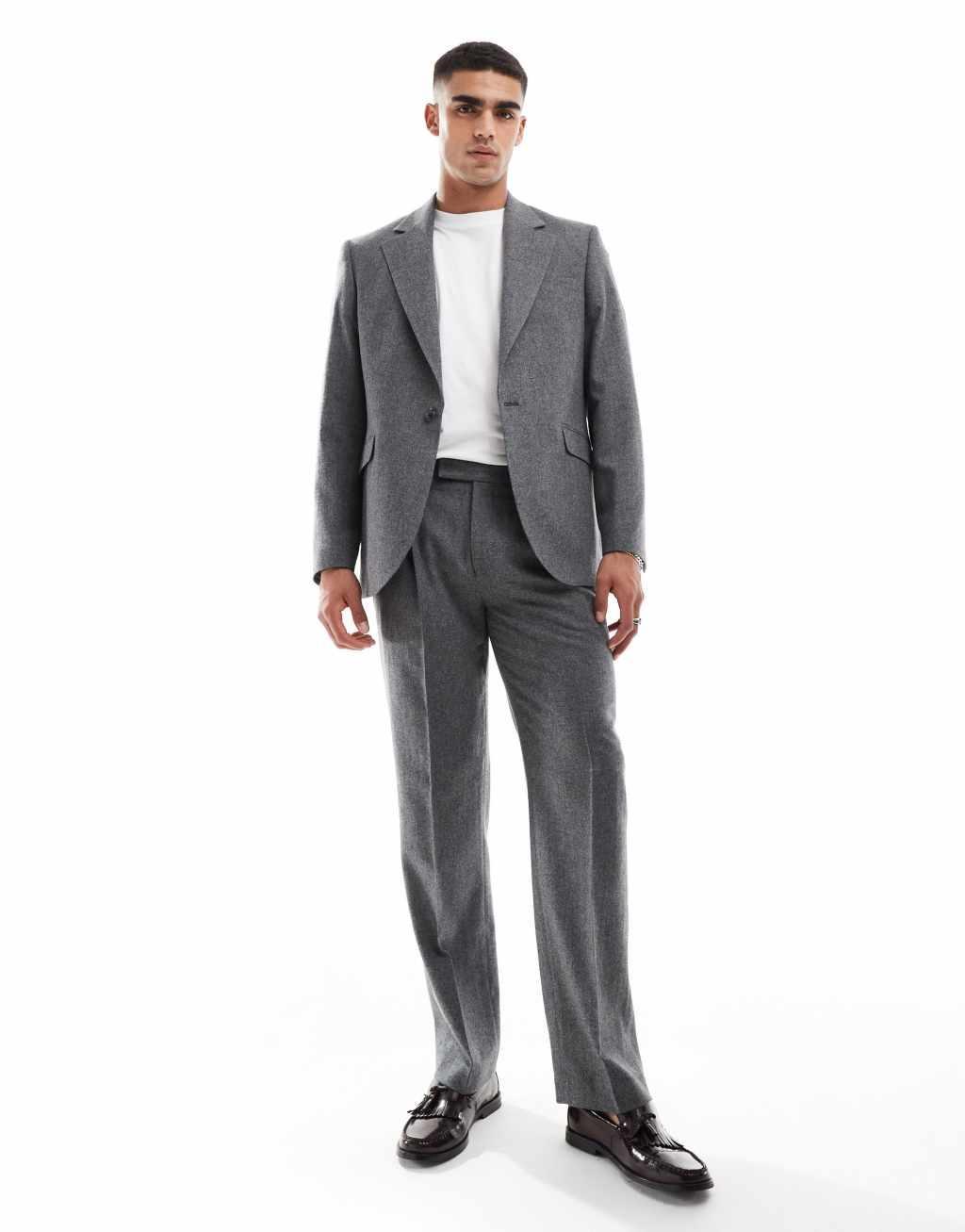 ASOS DESIGN straight leg flannel wool mix suit pants in heathered charcoal Product Image