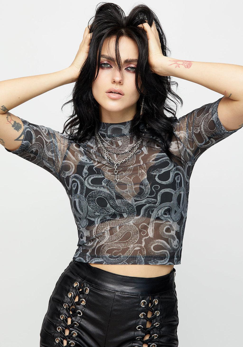 Serpente Print Mesh Short Sleeve Crop Top Product Image