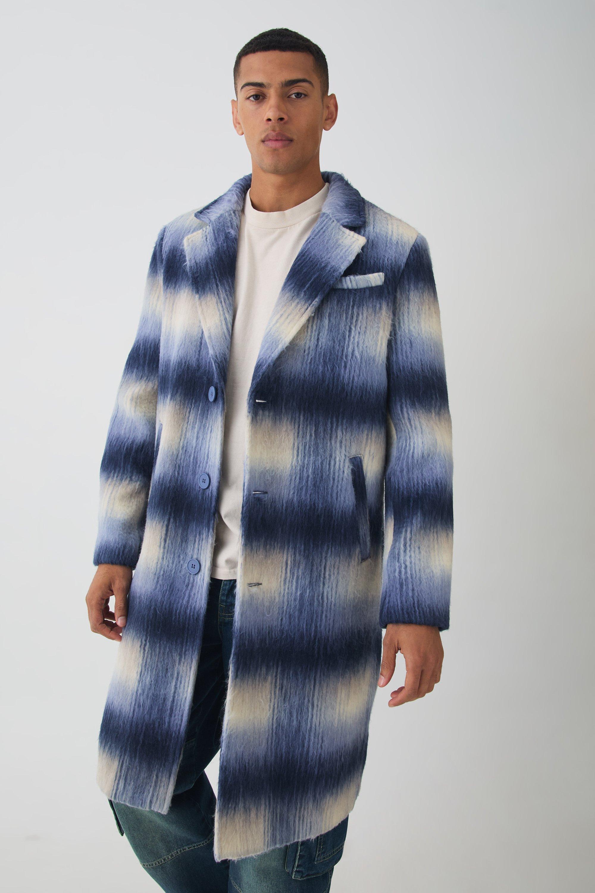 Oversized Brushed Plaid Overcoat In Blue | boohooMAN USA Product Image