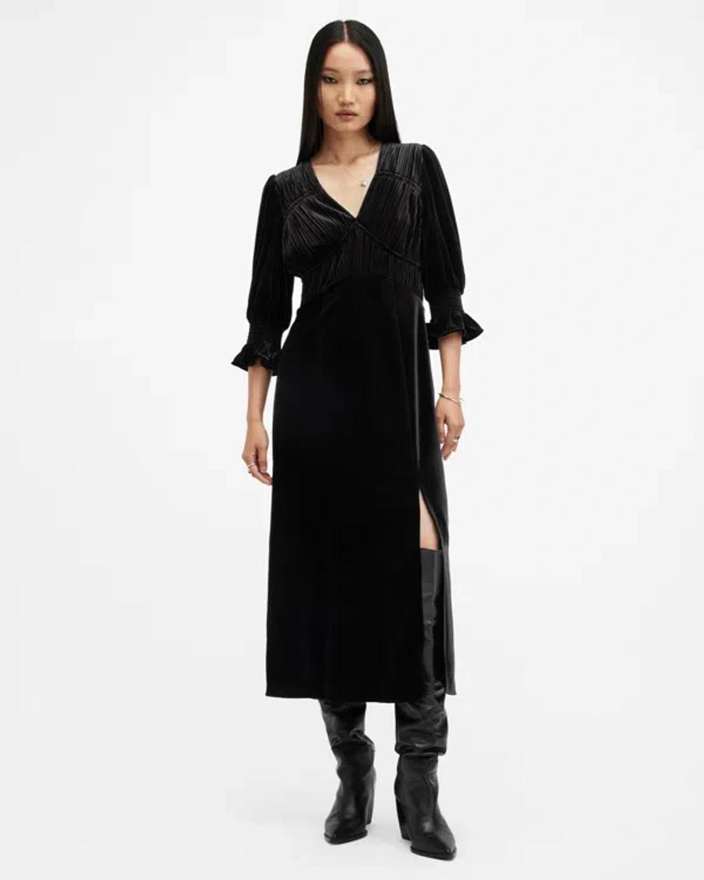 ALLSAINTS Ani V-neck Velvet Midi Dress In Black Product Image