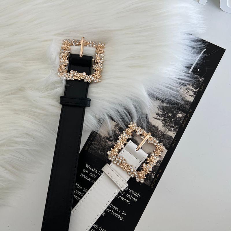 Rhinestone Buckle Faux Leather Belt Product Image