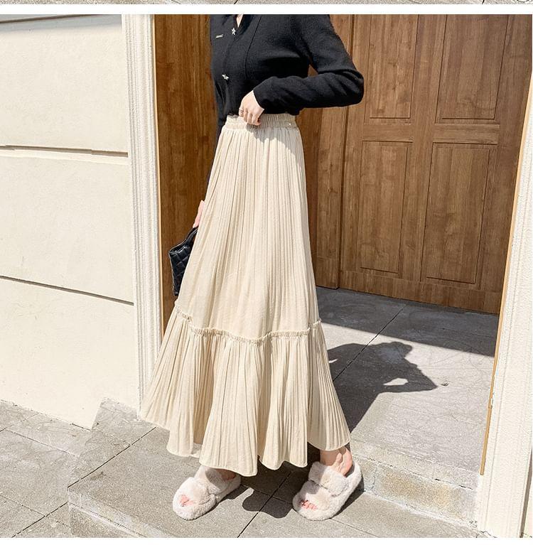 High Rise Accordion Pleat Midi A-Line Velvet Skirt Product Image