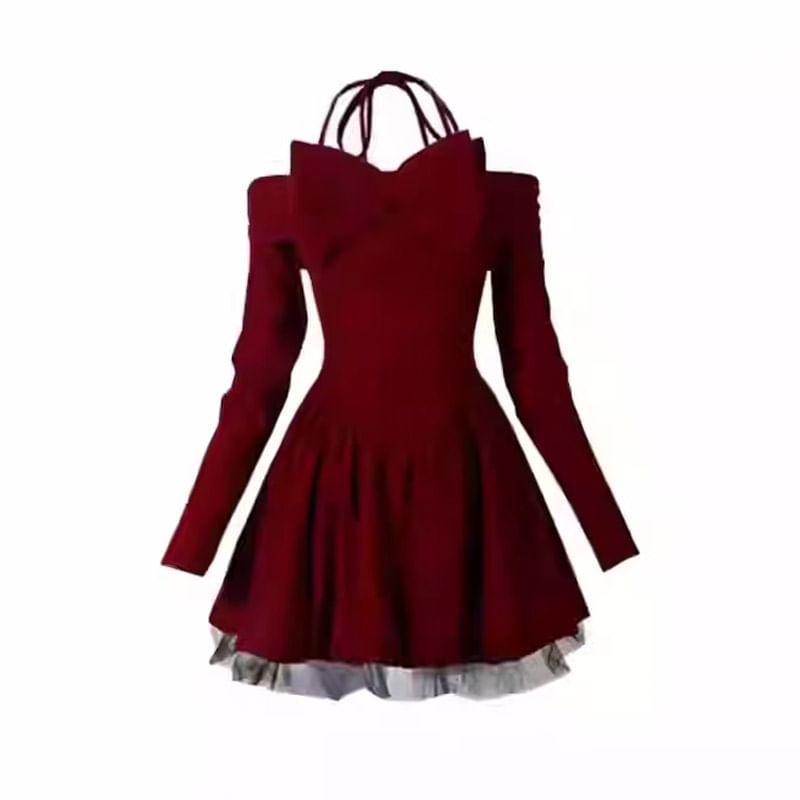 Long Sleeve Cold Shoulder Bow Mesh Panel Velvet Mini A-Line Dress Product Image