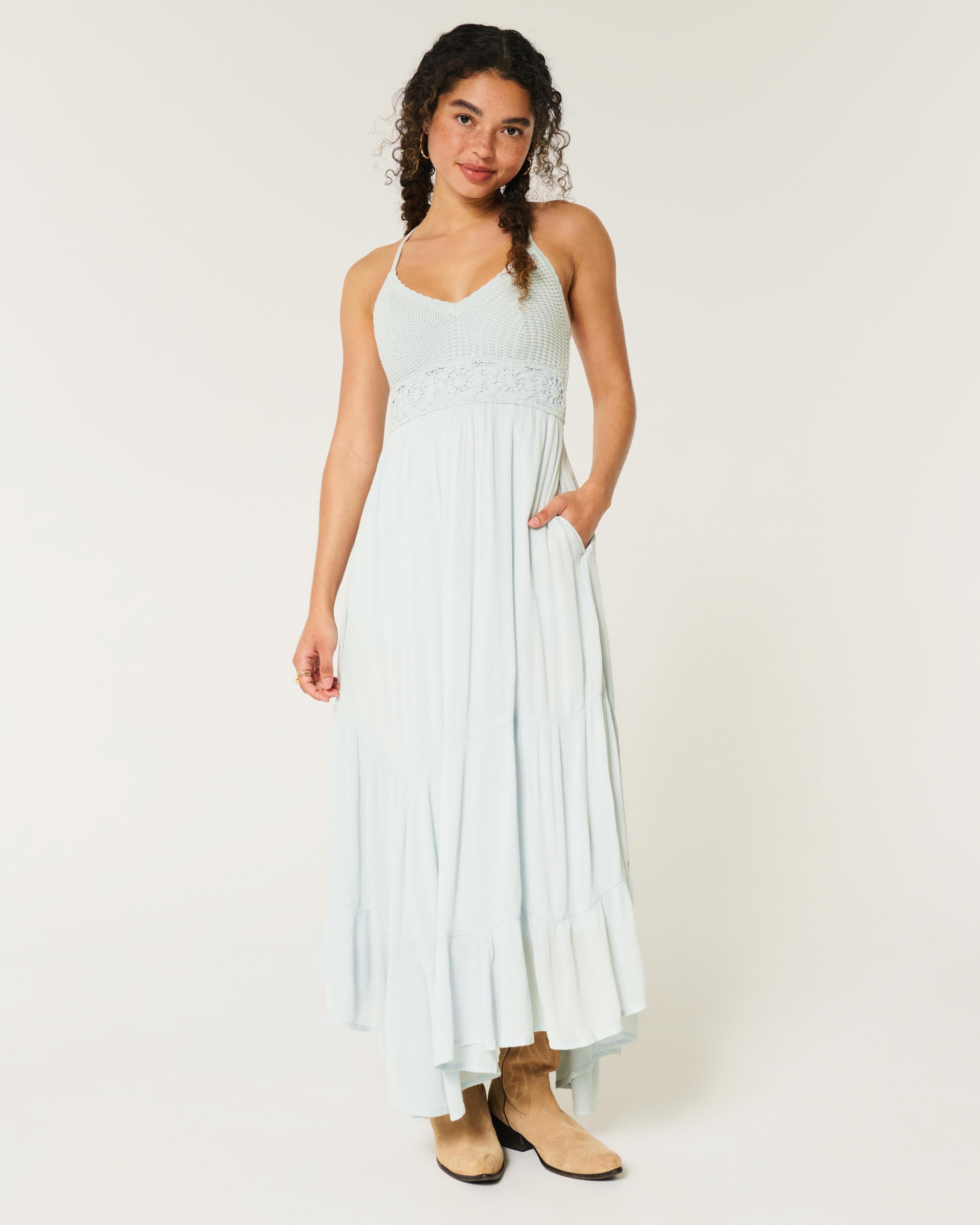 Crochet-Style Mix V-Neck Maxi Dress Product Image