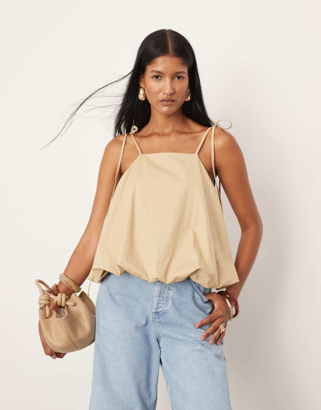 ASOS EDITION bubble hem strappy top in stone Product Image