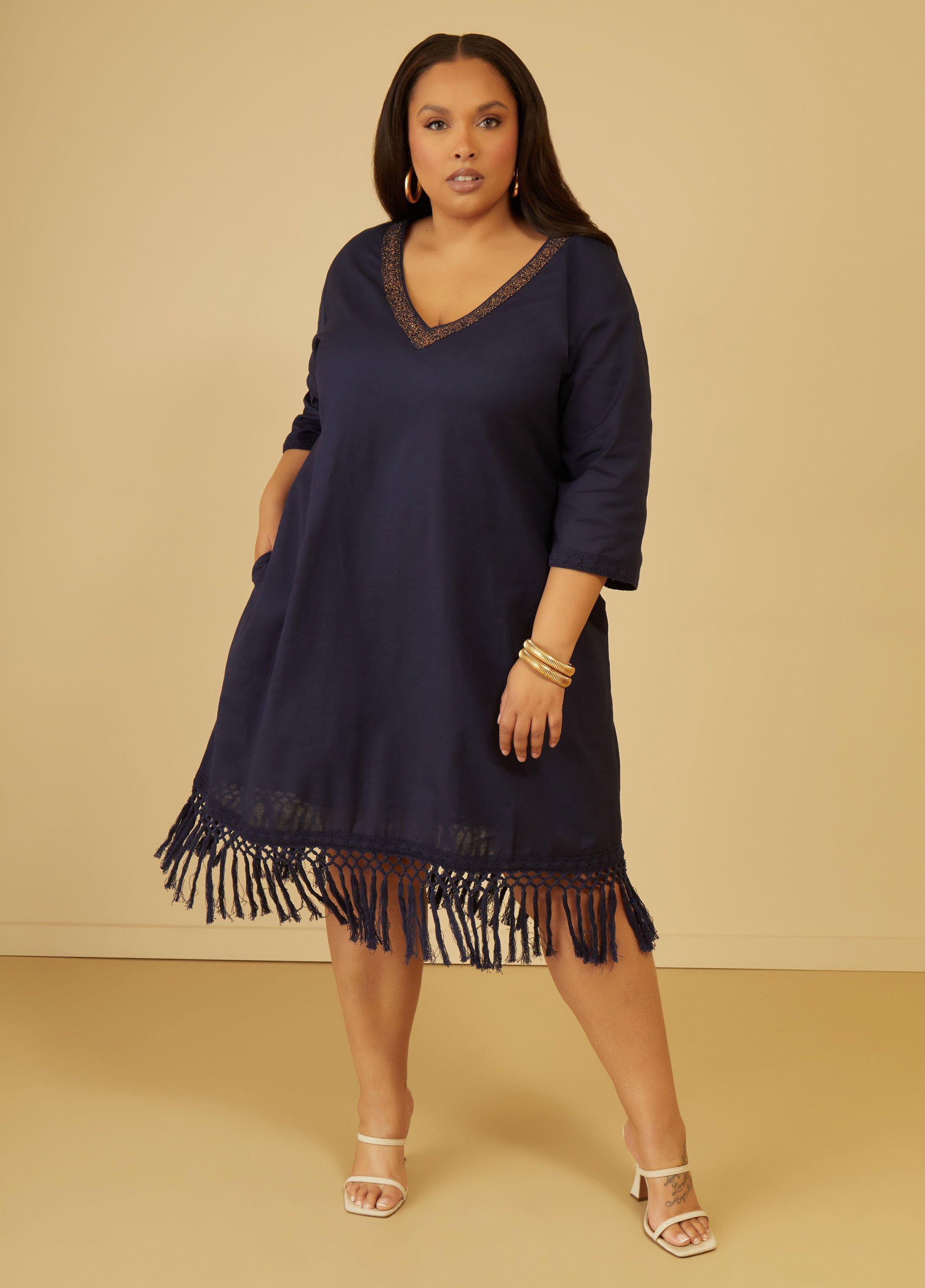 Plus Size Fringed Linen Blend Dress Ashley Stewart Product Image