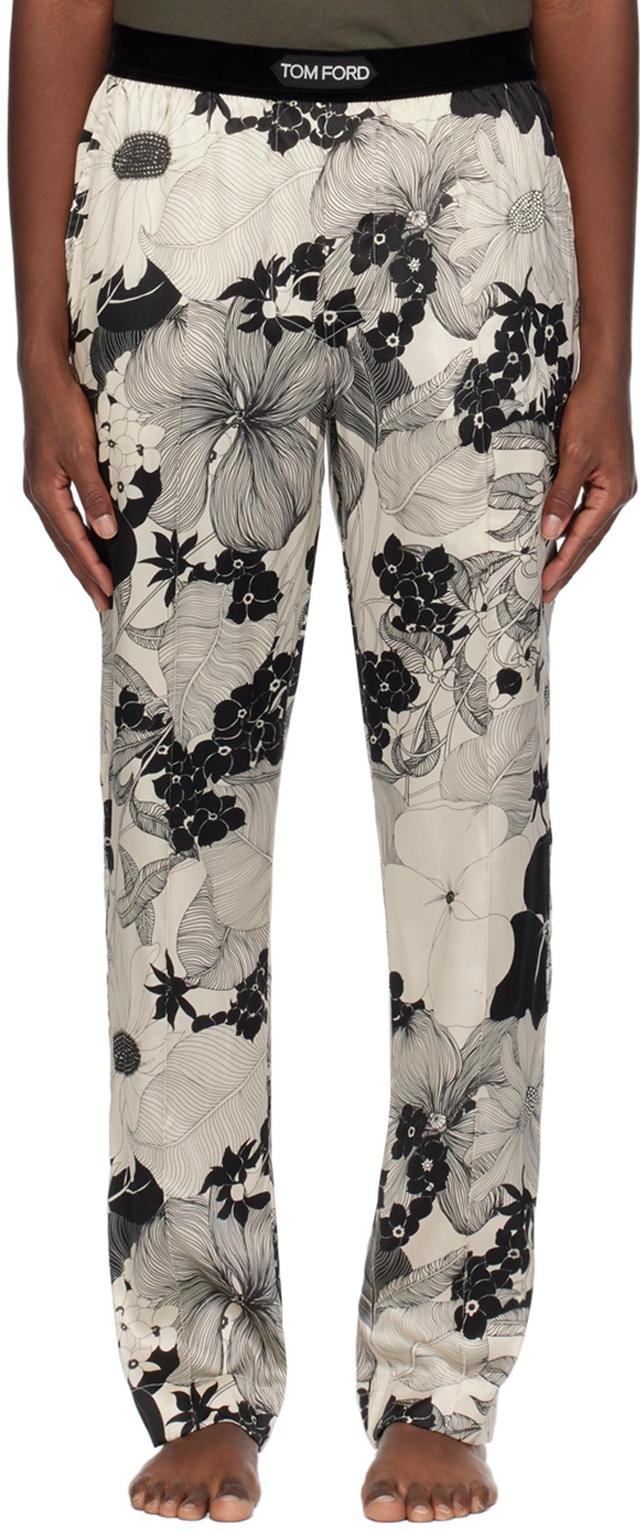 Straight-leg Velvet-trimmed Printed Stretch-silk Pyjama Trousers In 004 Black / Ecru Product Image