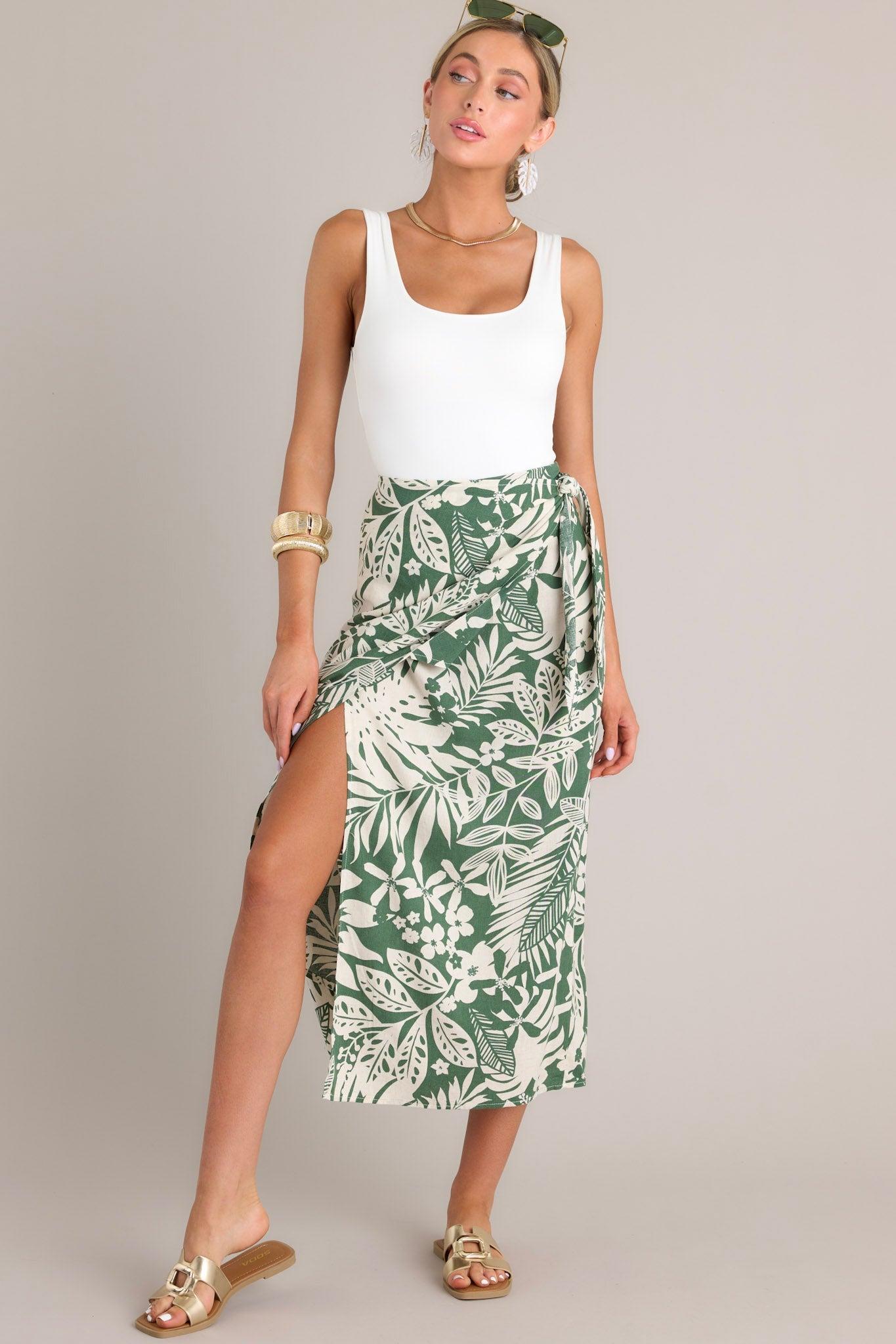 Jungle Canopy Green Tropical Print Midi Wrap Skirt Product Image