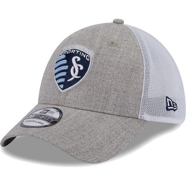 Mens New Era Heather Gray/White Sporting Kansas City 39THIRTY Trucker Flex Hat Product Image