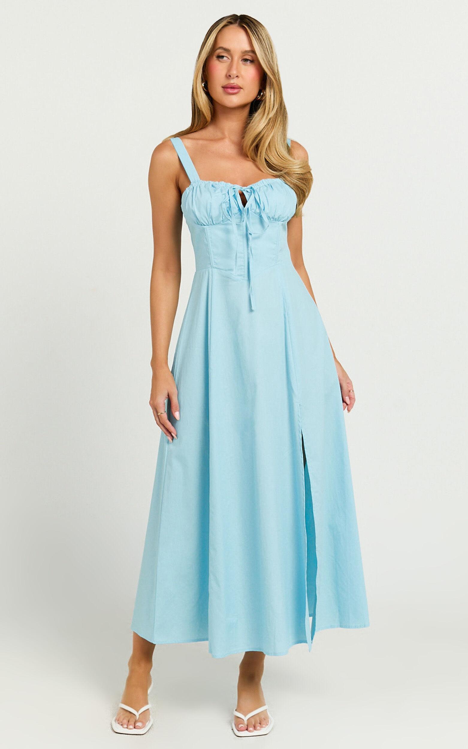 Maiya Midi Dress - Tie Front Fitted Bodice Dress in Blue Product Image