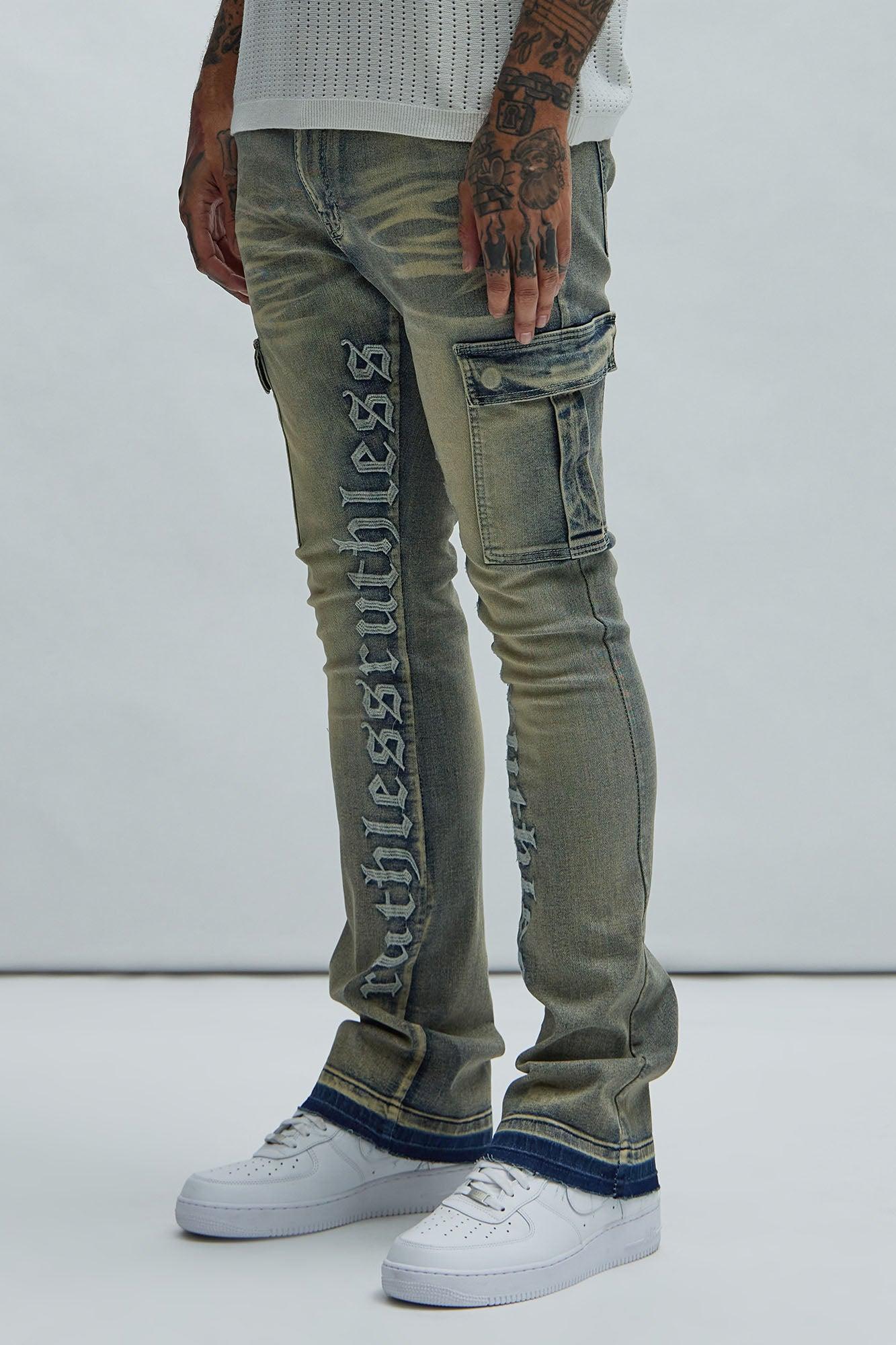 Ruthless Embroidered Stacked Skinny Cargo Flare Jeans - Medium Wash Product Image