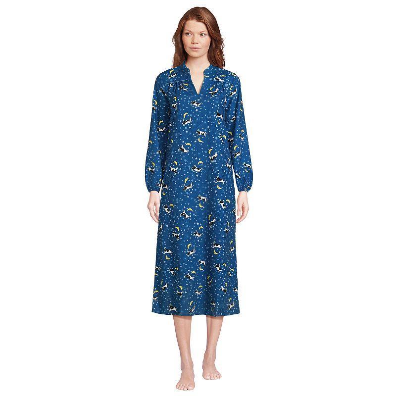 Womens Lands End Long Sleeve Flannel Nightgown Blue Starry Black Product Image