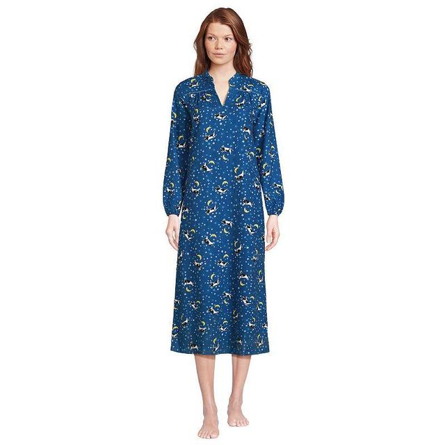 Womens Lands End Long Sleeve Flannel Nightgown Blue Linework Floral Product Image