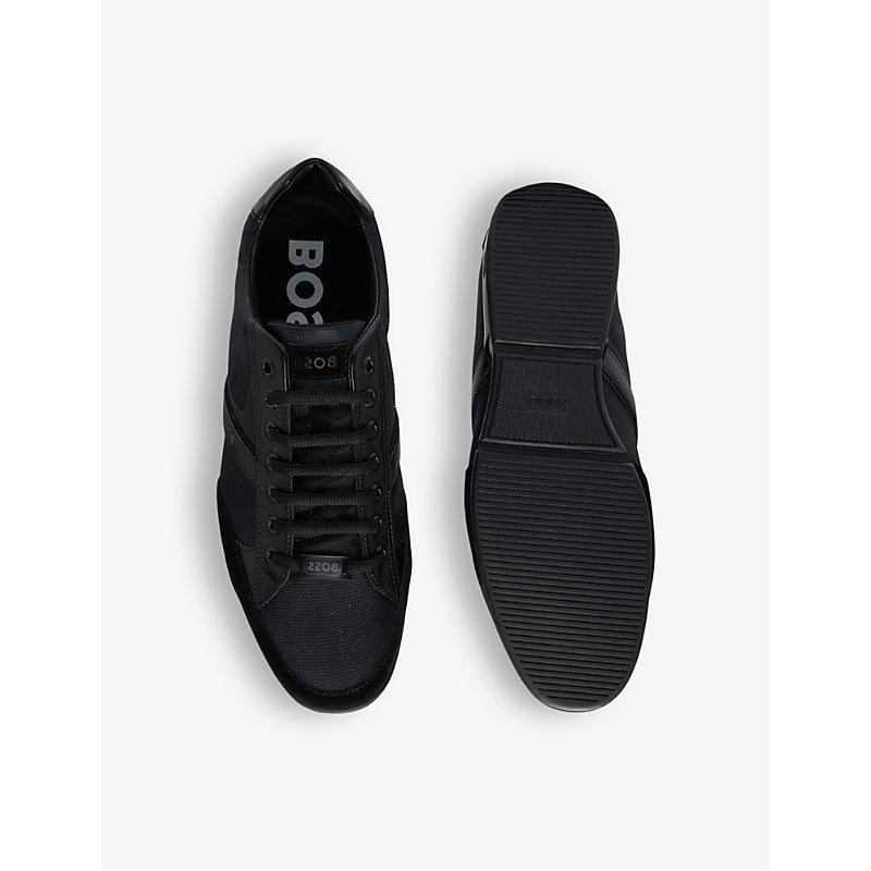 HUGO BOSS Boss Mens Black Logo-badge Lace-up Low-top Woven Trainers Product Image