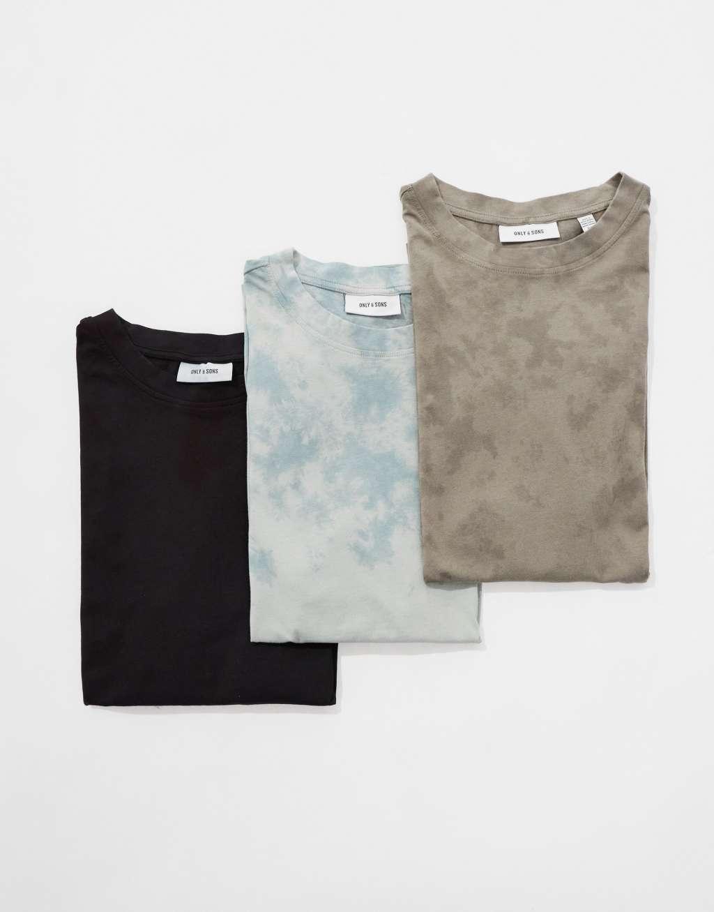 ONLY & SONS 3 pack super oversized t-shirt in acid wash charcoal light gray & beige Product Image