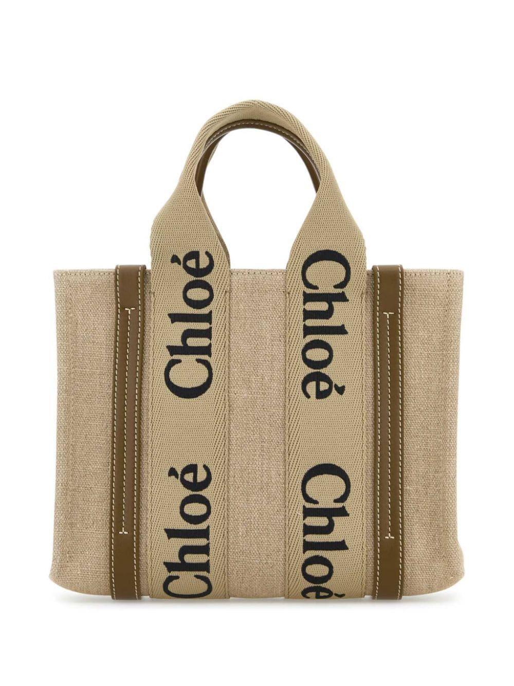 Multicolor Linen Small Woody Shopping Bag In Beige Product Image