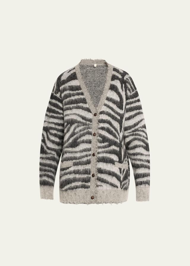 Mens Mohair-Wool Frayed-Trim Zebra Cardigan Product Image