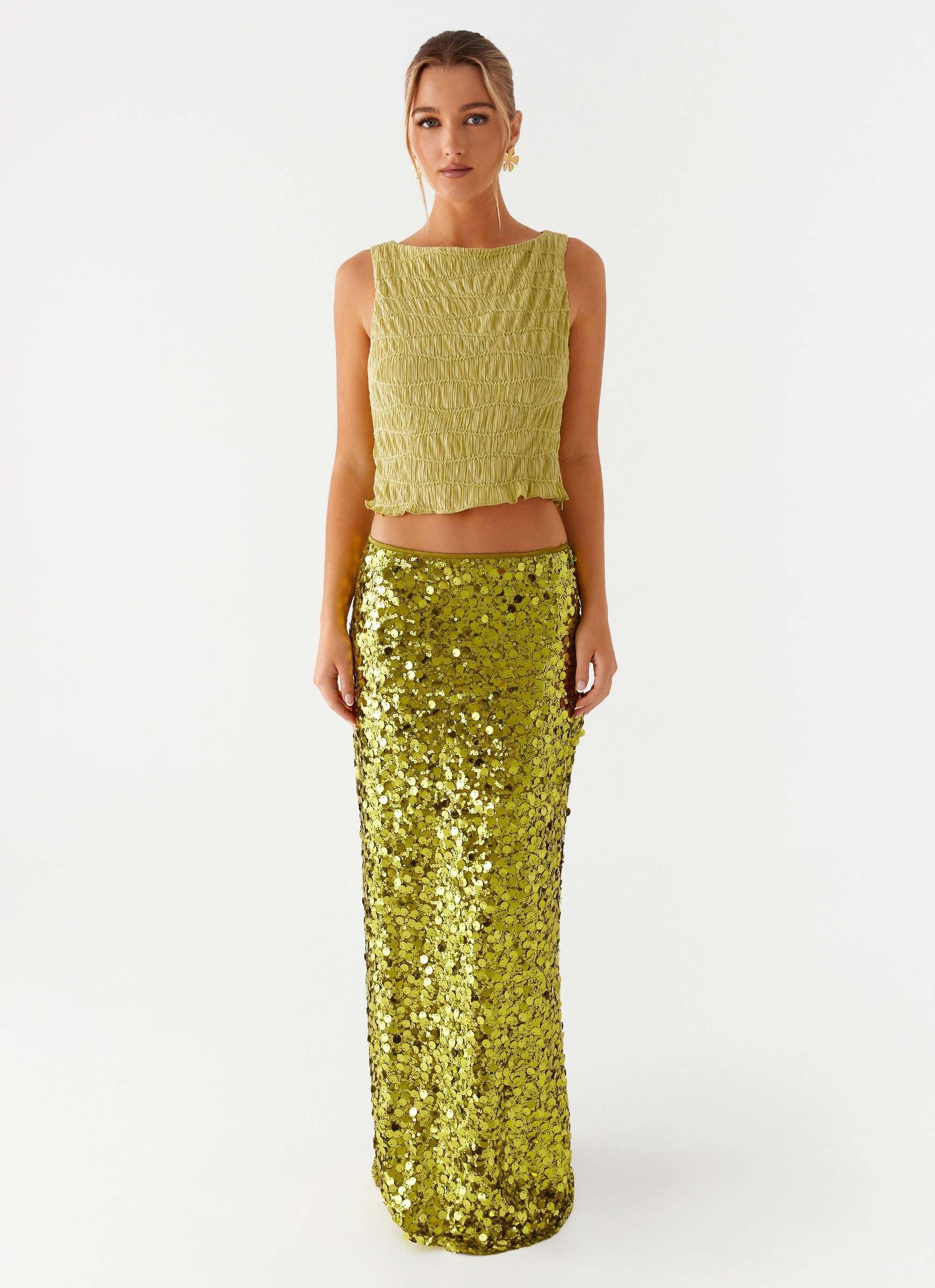 Perfect Places Low Rise Sequin Maxi Skirt - Olive Product Image