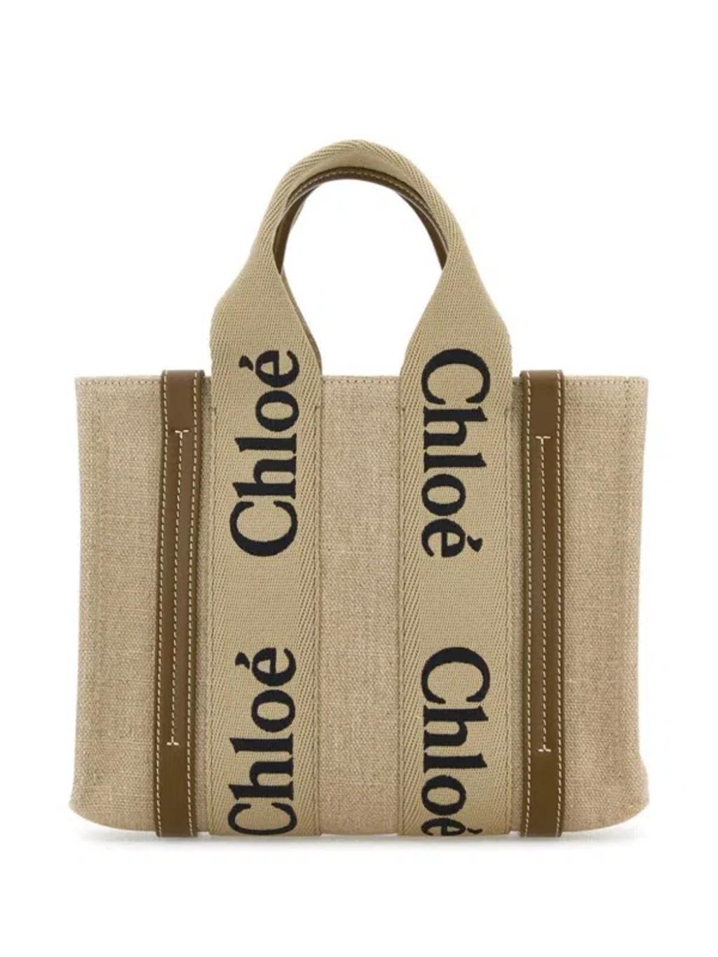 Multicolor Linen Small Woody Shopping Bag In Beige Product Image