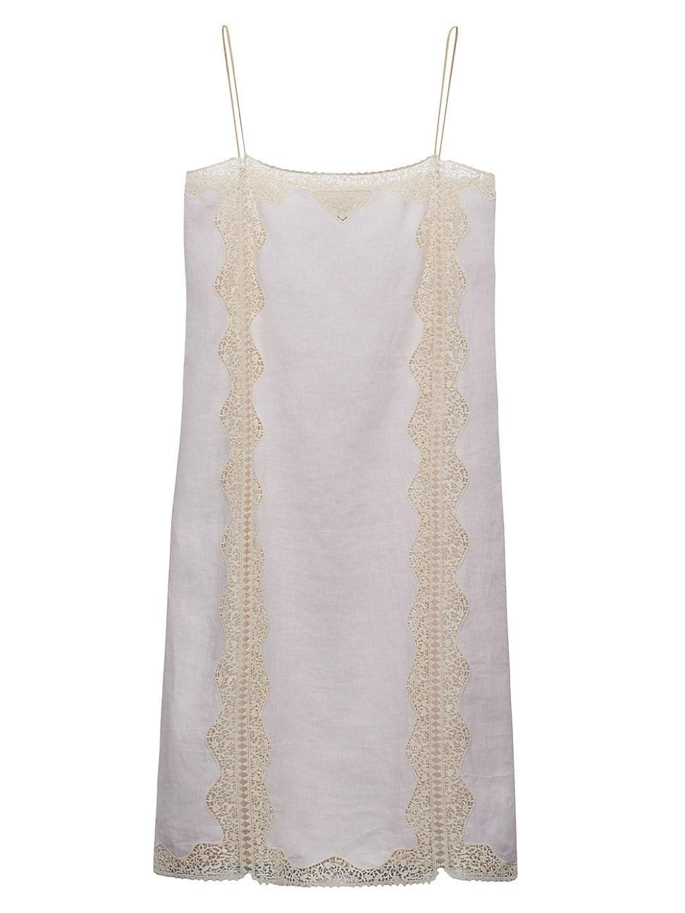 Womens Embroidered Lace-Trimmed Linen Dress Product Image