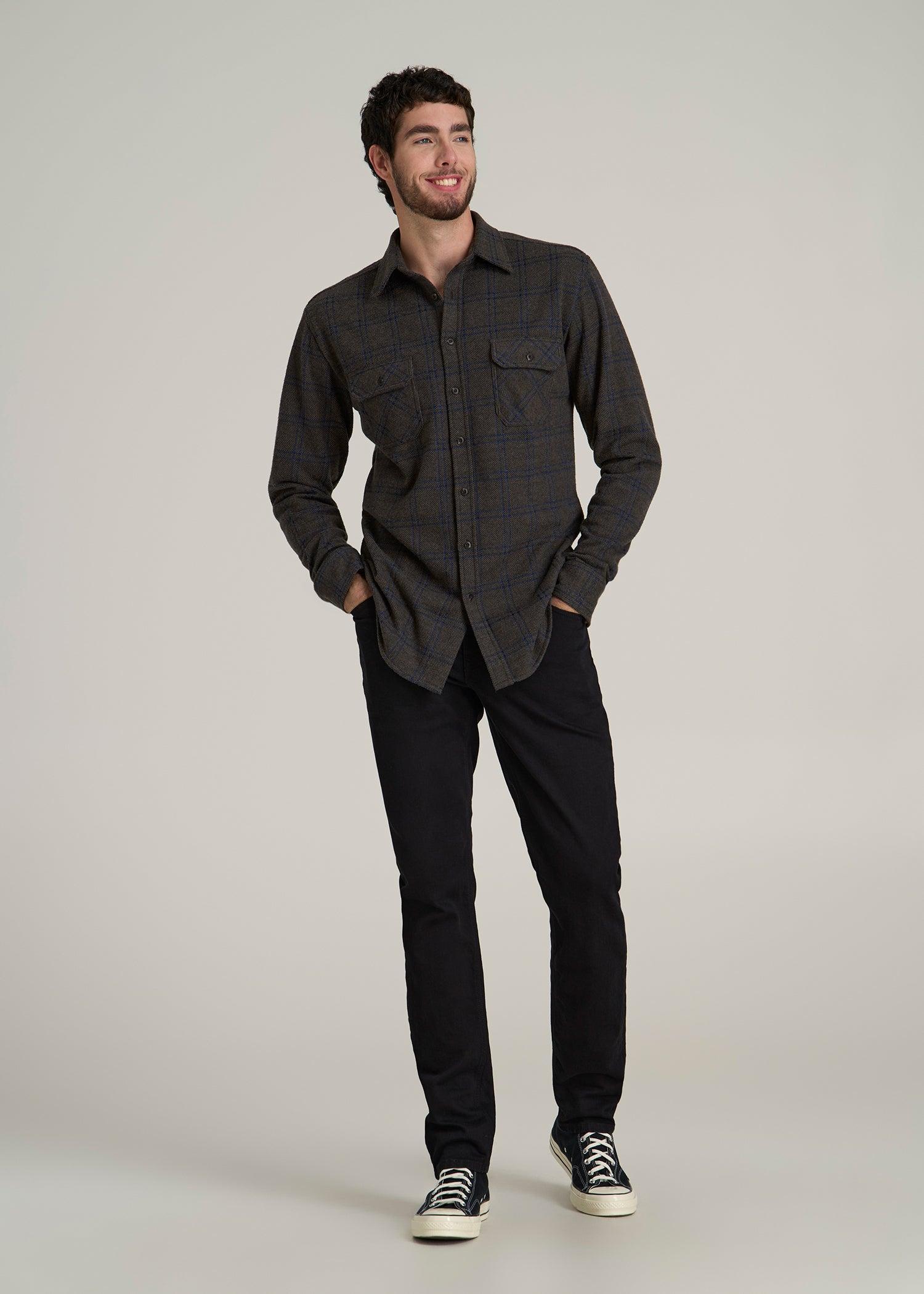 Stretch Flannel Button Tall Men's Shirt in Brown and Cobalt Grid Product Image