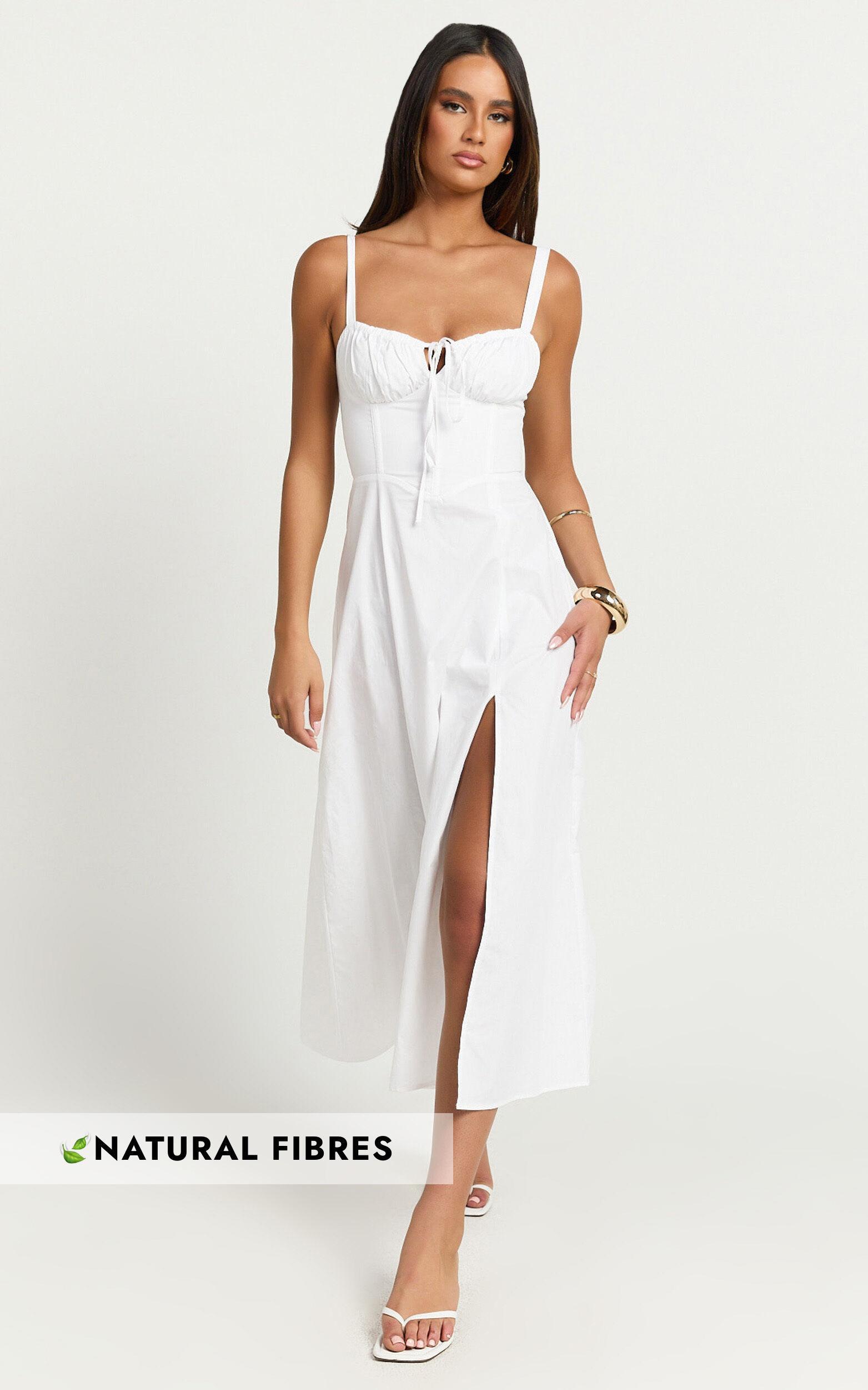 Maiya Midi Dress - Tie Front Fitted Bodice Dress in White Product Image