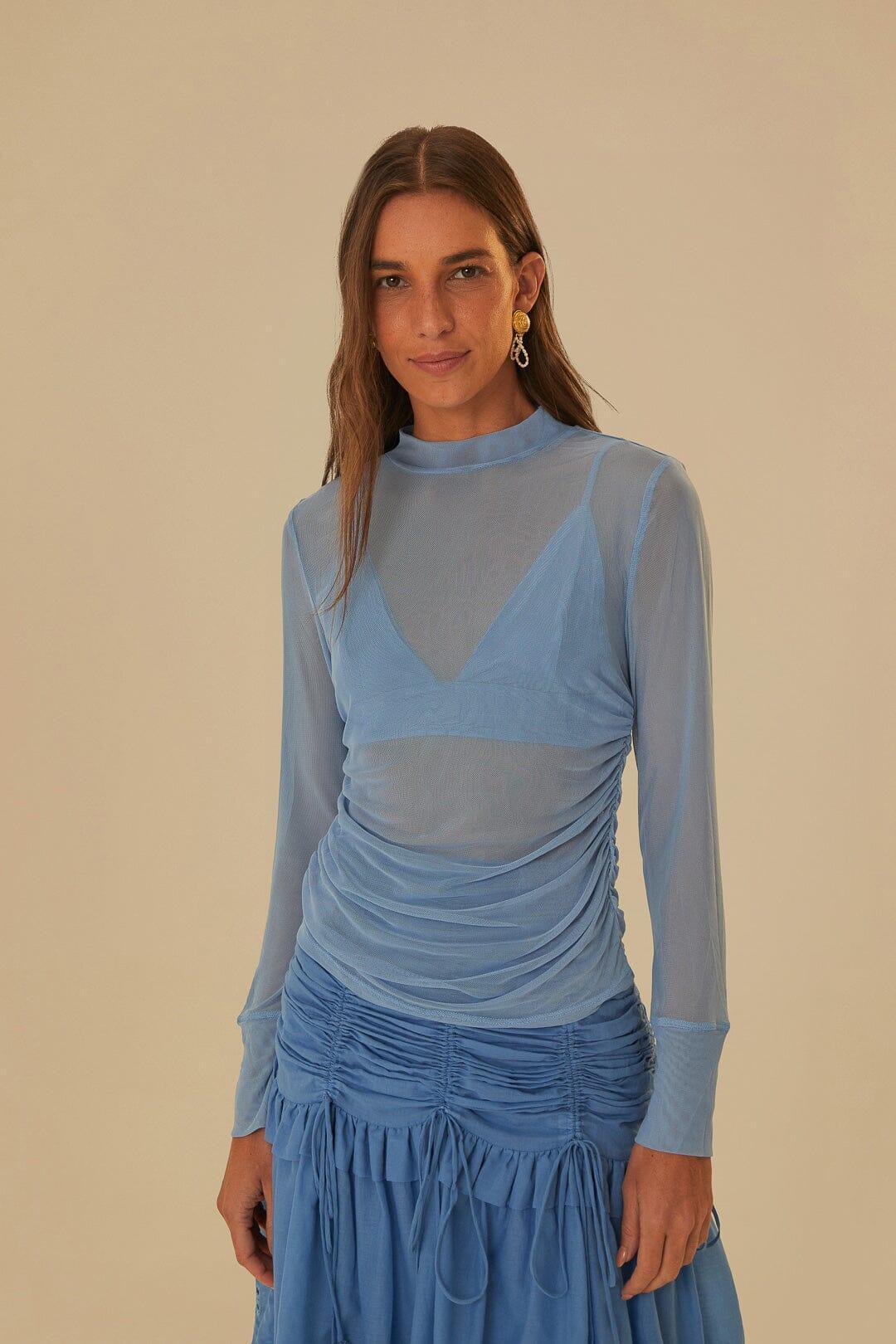 Blue Tulle Long Sleeved Blouse Product Image