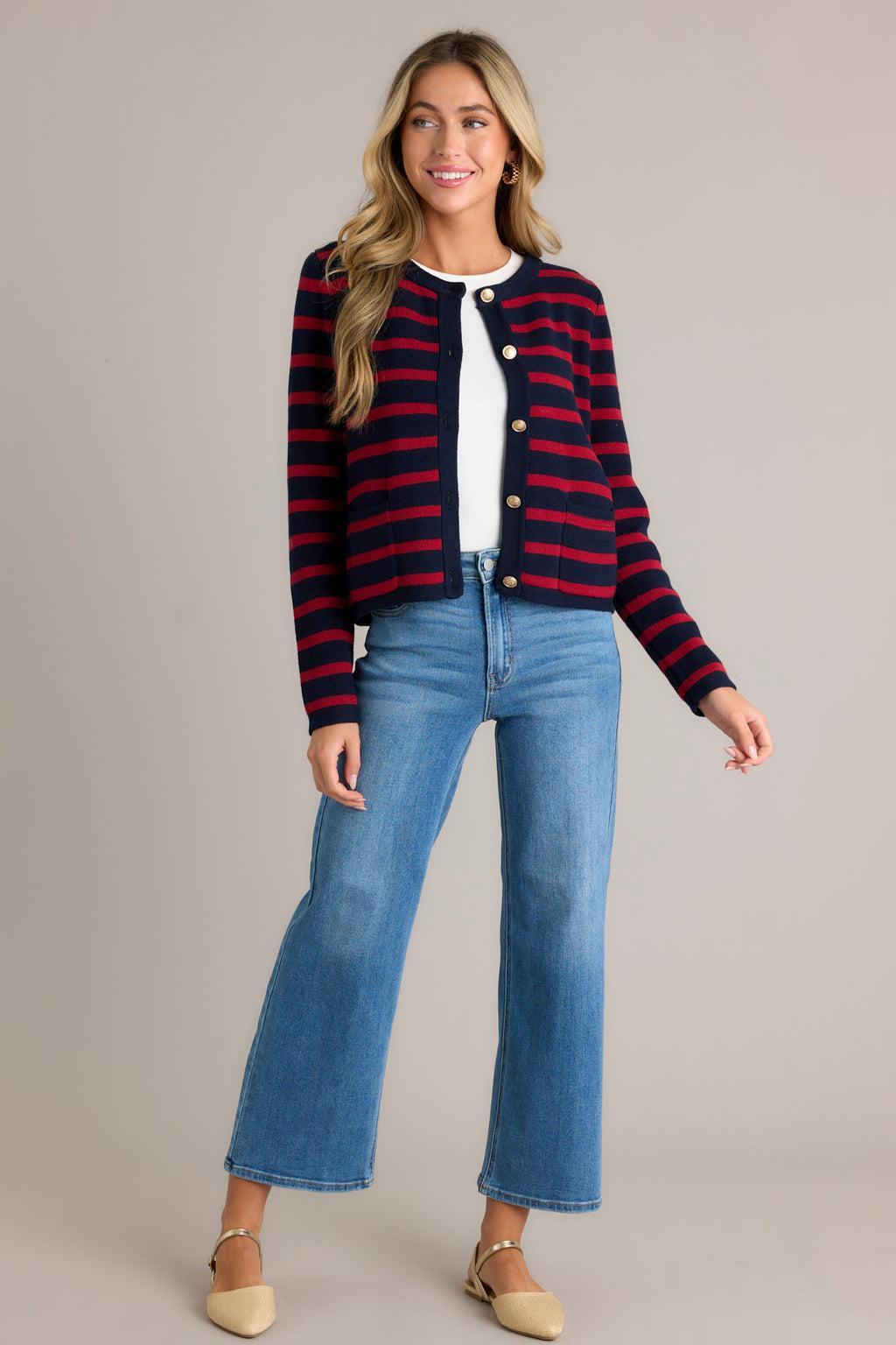 The Time Is Right 100% Cotton Red Stripe Cardigan Product Image