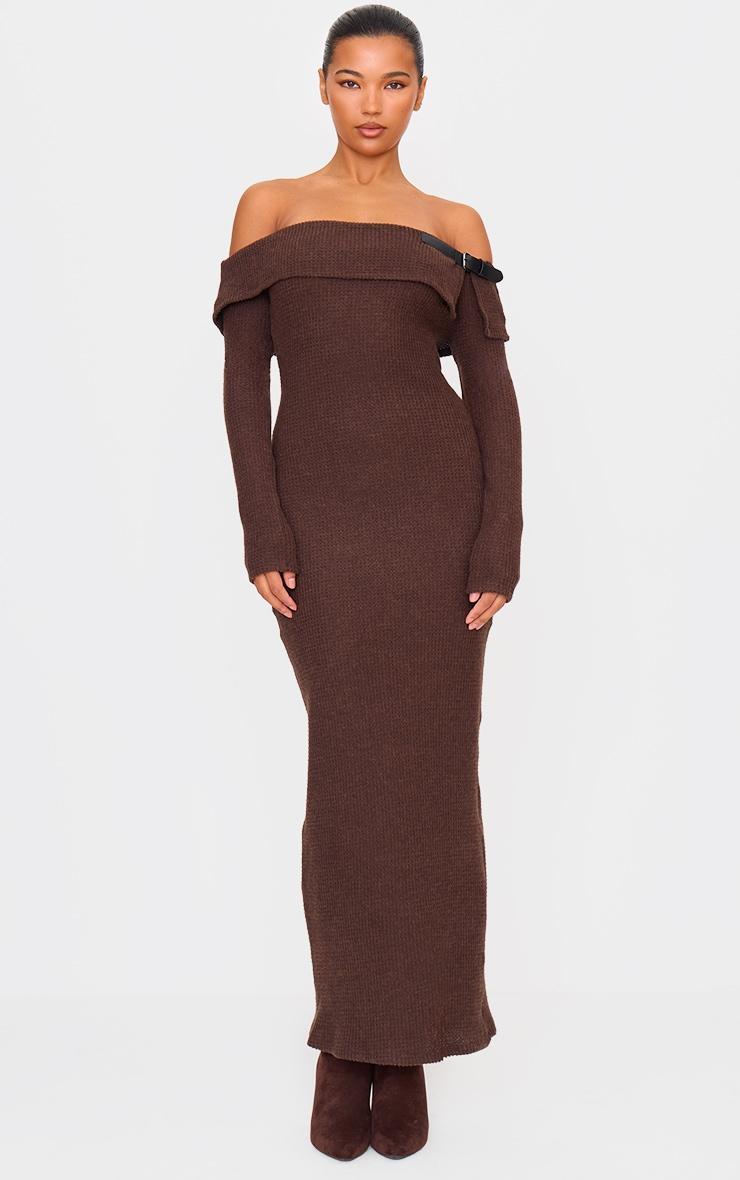 Chocolate Textured Bardot Belt Detail Maxi Dress Product Image