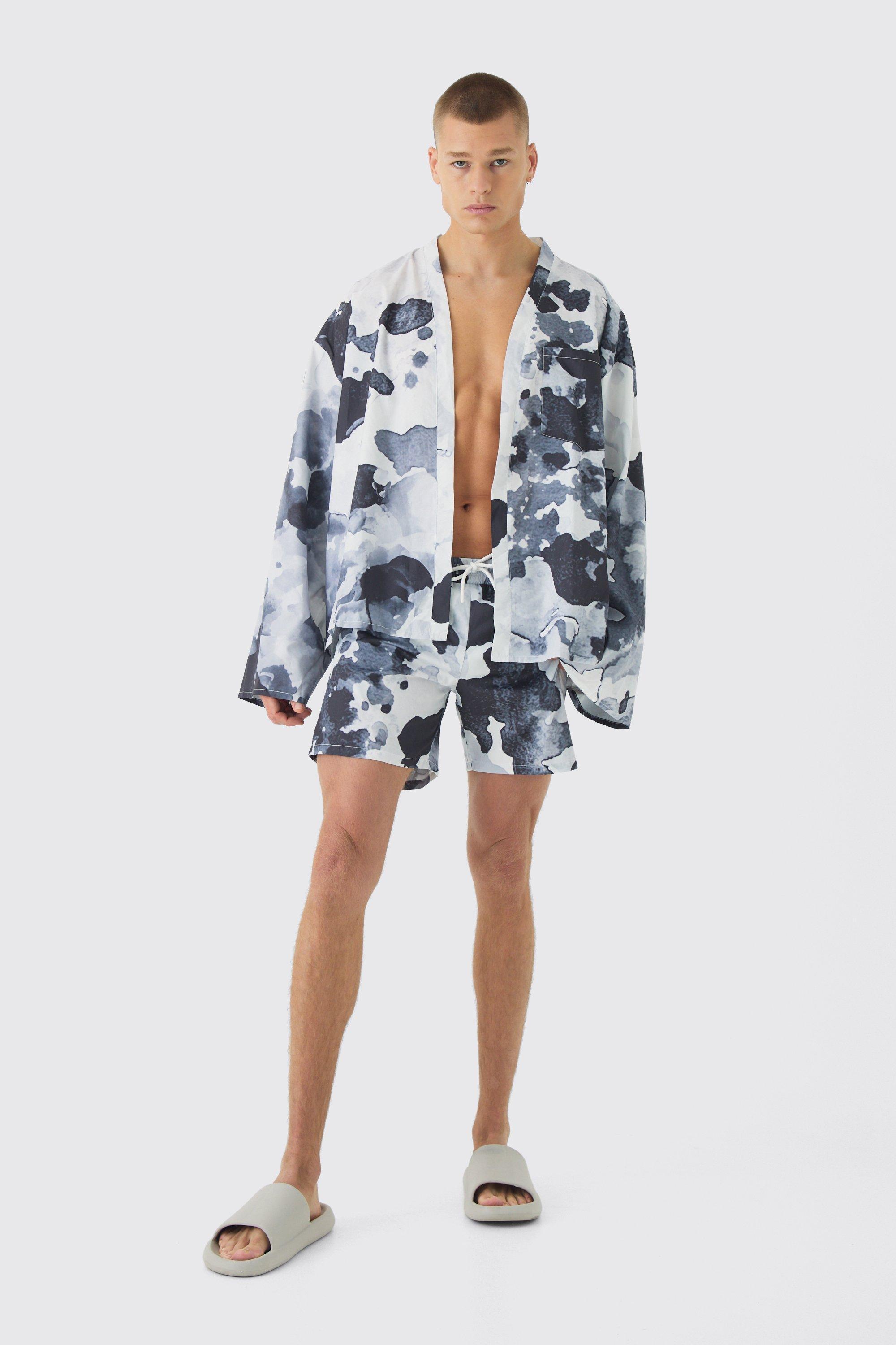 Abstract Print Kimono Shirt & Swim Trunks Set | boohooMAN USA Product Image