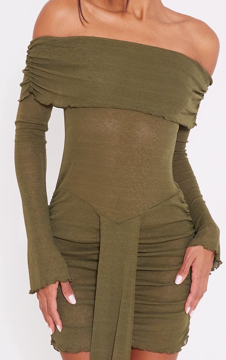 Olive Burnout Mesh Long Sleeve Bardot Ruched Bodycon Dress Product Image