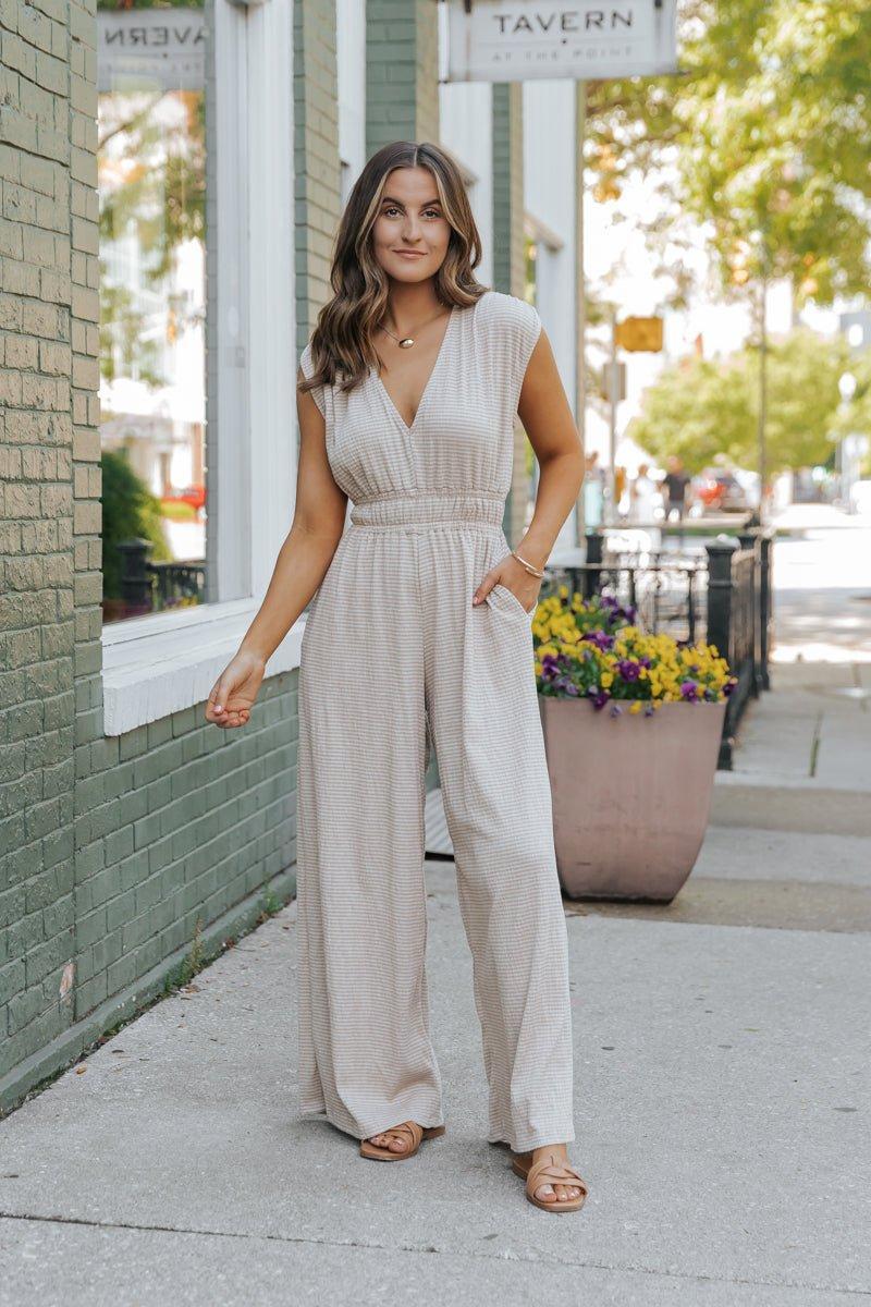 Taupe Striped Wide Leg Jumpsuit Product Image